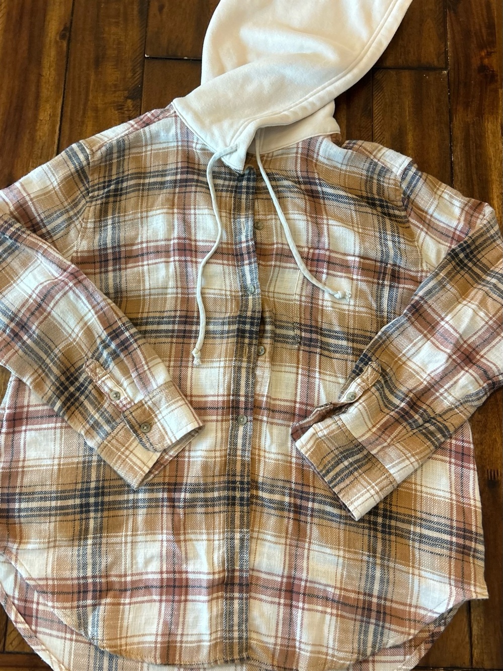 American Eagle Hooded Button-Up Shirt Jacket in Cream, Tan & Rust